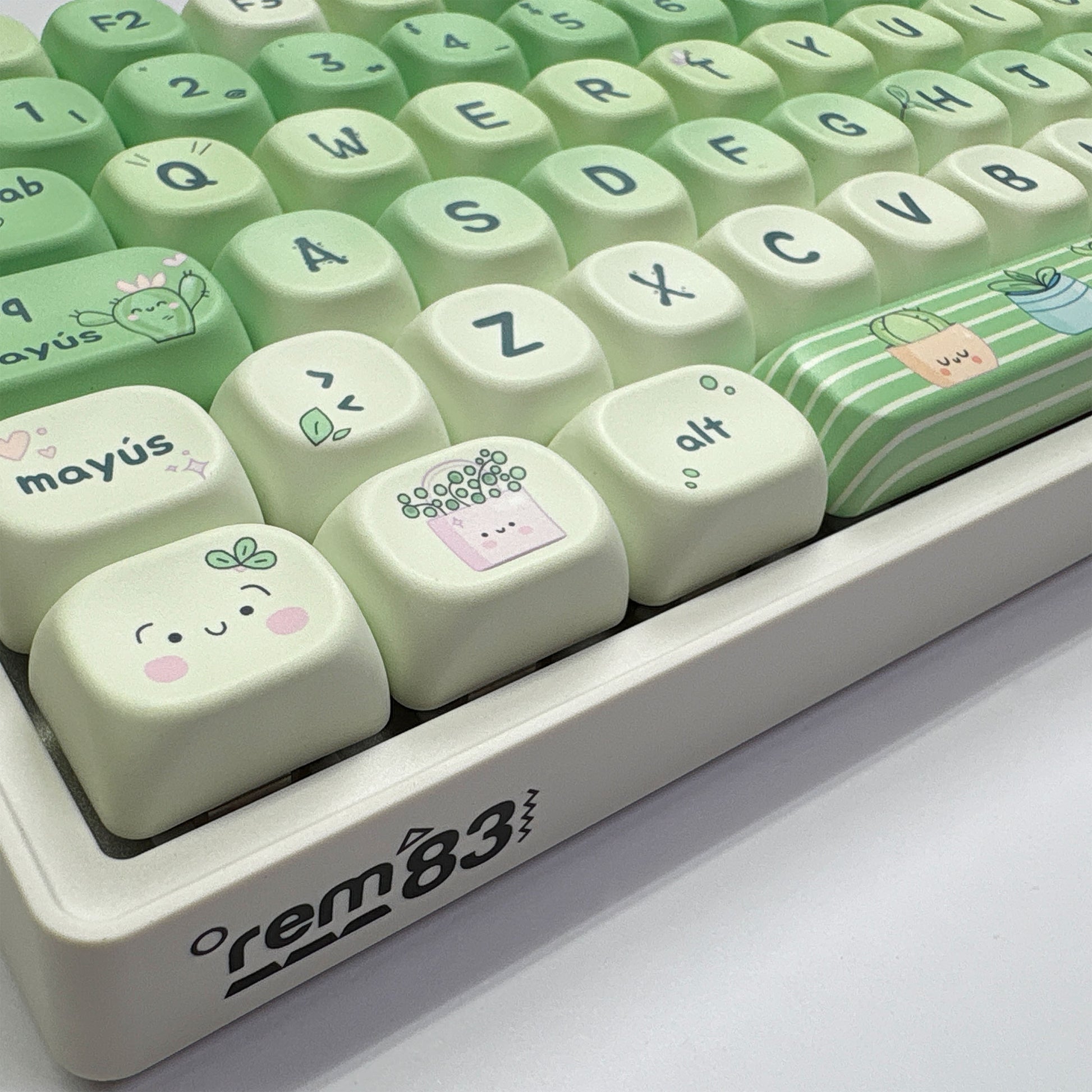 Detalle teclas teclado mecánico Jardín de REM83 con distribución ISO Español, teclas PBT perfil MOA, Hot Swap e iluminación RGB.