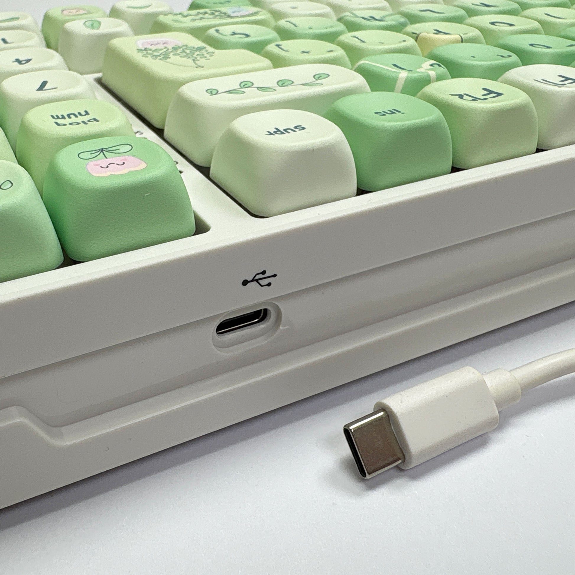 Detalle trasero cable de teclado mecánico Jardín de REM83 con distribución ISO Español, teclas PBT perfil MOA, Hot Swap e iluminación RGB.